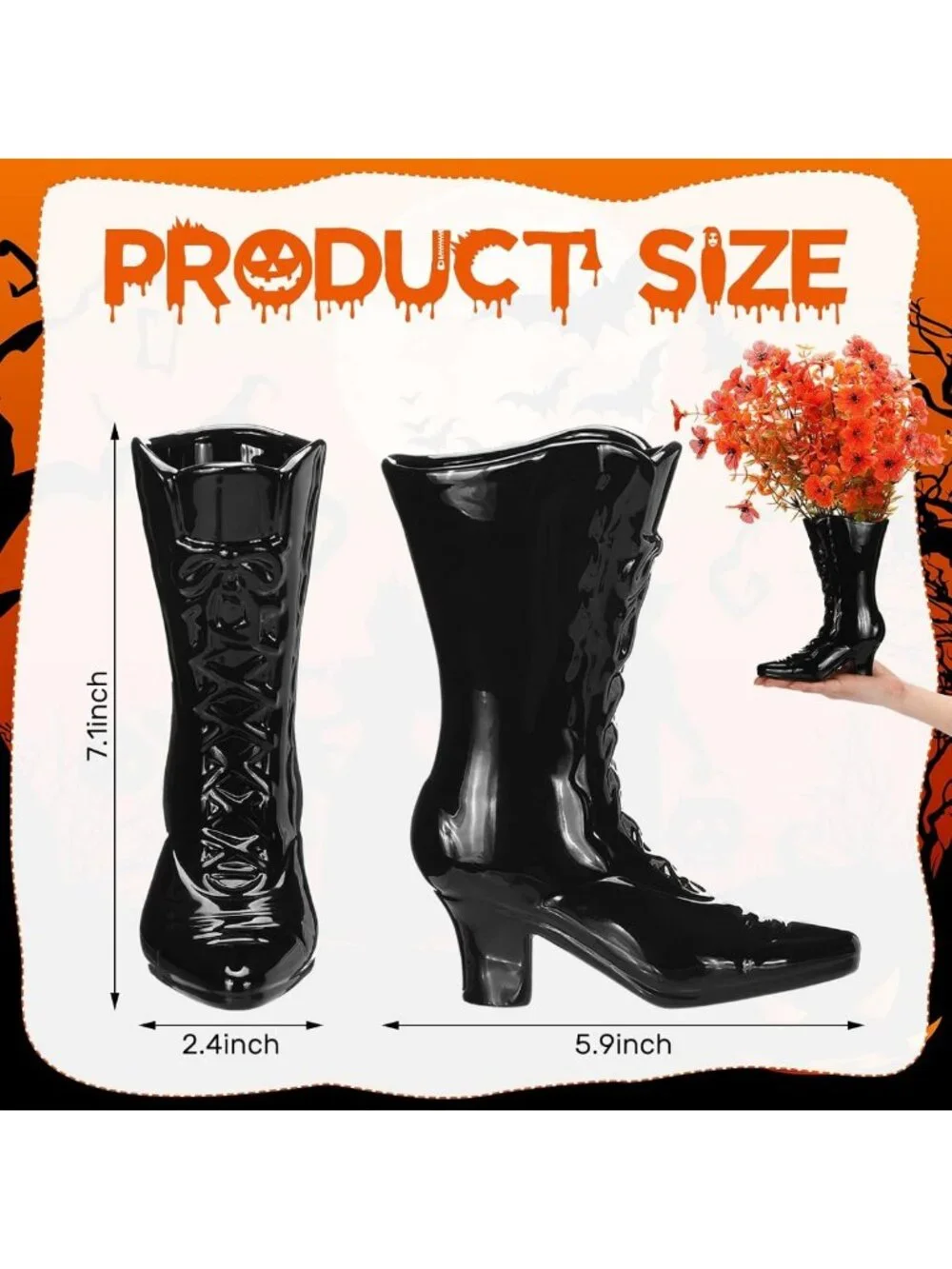 Spooky Gothic Witch Boot Vase - 7.1 Inch Black Ceramic Halloween Decor